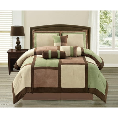 Soft Suede Sage & Brown Bentley 7 Piece Comforter Set - Full