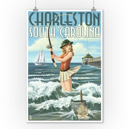 Surfing Decor Surf Decor - Charleston, South Carolina - Pinup Girl Surf Fishing - Lantern Press Artwork (9x12 Art Print, Wall Decor Travel Poster)