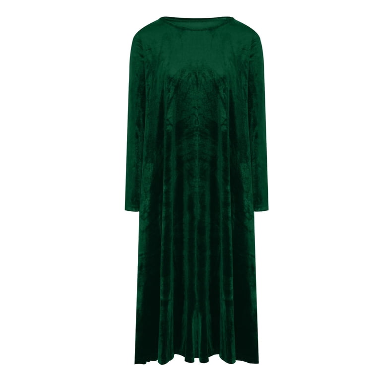 Qolati Women's Velvet Homecoming Dresses Fall Winter Long Sleeve Flowy Cocktail Party Long Maxi Dress Casual Loose Crewneck Pleated A Line Holiday