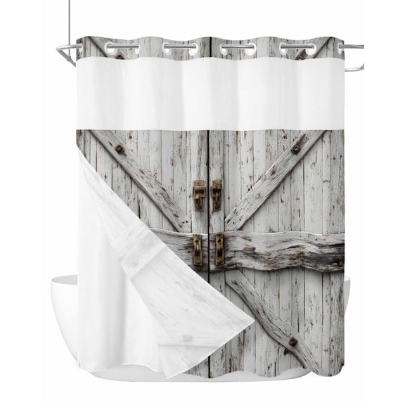 No Hook Shower Curtain with Snap-in Liner, Vintage Gate Waterproof Fabric Bathroom Curtains, Farmhouse Wooden Grain Shabby Chic Door Bath Curtains & Mesh Top Window 66"x72"