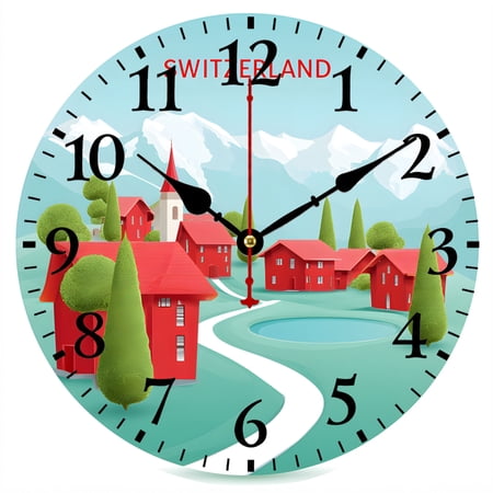 CozyHour Switzerland Wall Clock 9.84 Inch, Swiss Alps Village Scenic Analog Clock, Battery Operated Wall Decor for Living Room Bedroom Office
