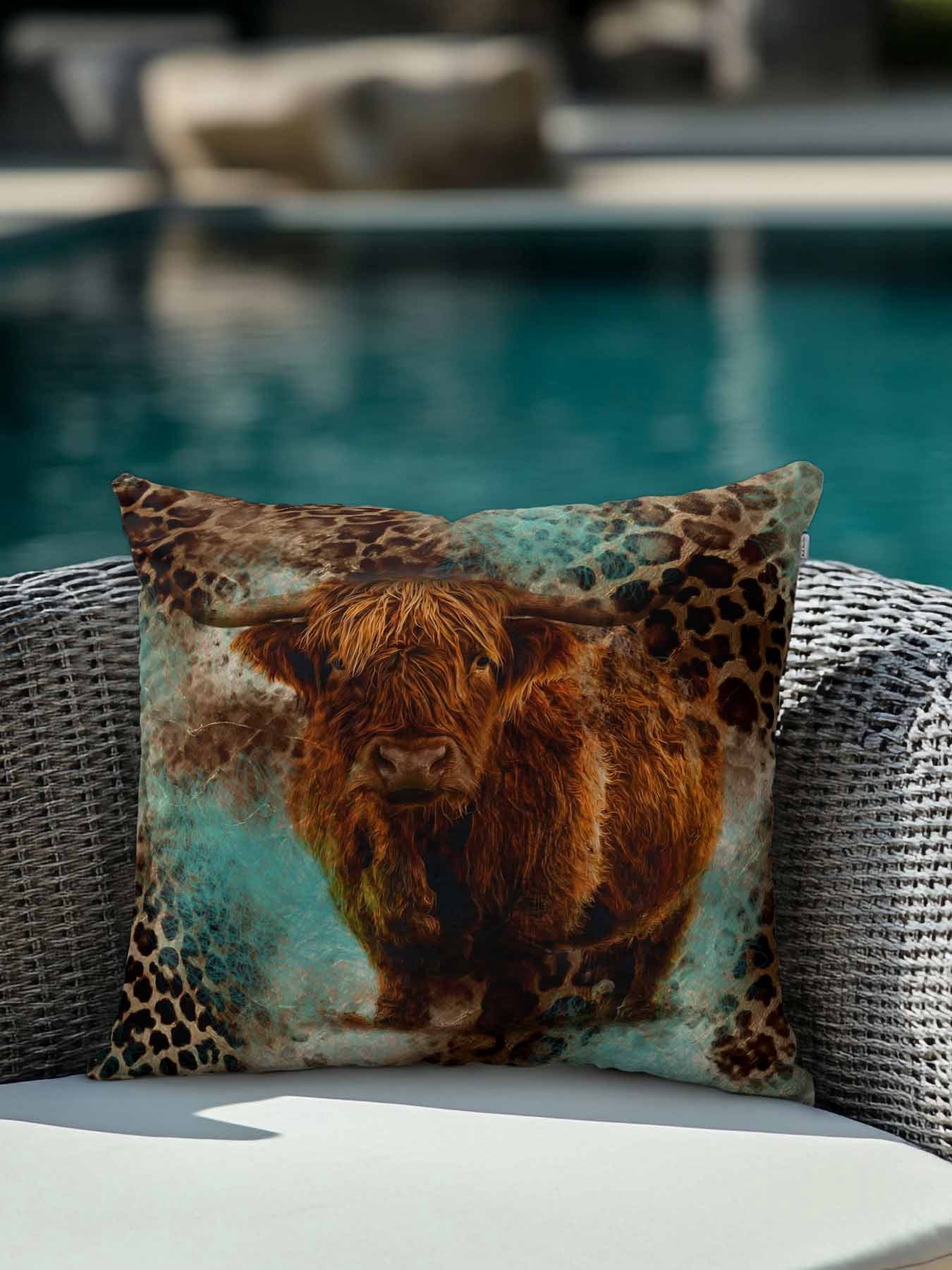 1 Pack Outdoor Throw Pillow, Teal Cow Leopard Waterproof Pillow with Insert Included, Aesthetic Vintage Animals Farmhouse Decorative Accent Cushion Sofa Pillows for Patio Porch, 16 x 16 In