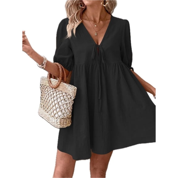 Womens V Neck Front Tie Mini Dress with Puff Sleeves 100% Cotton Lightweight Everyday Wear versatile daily essential