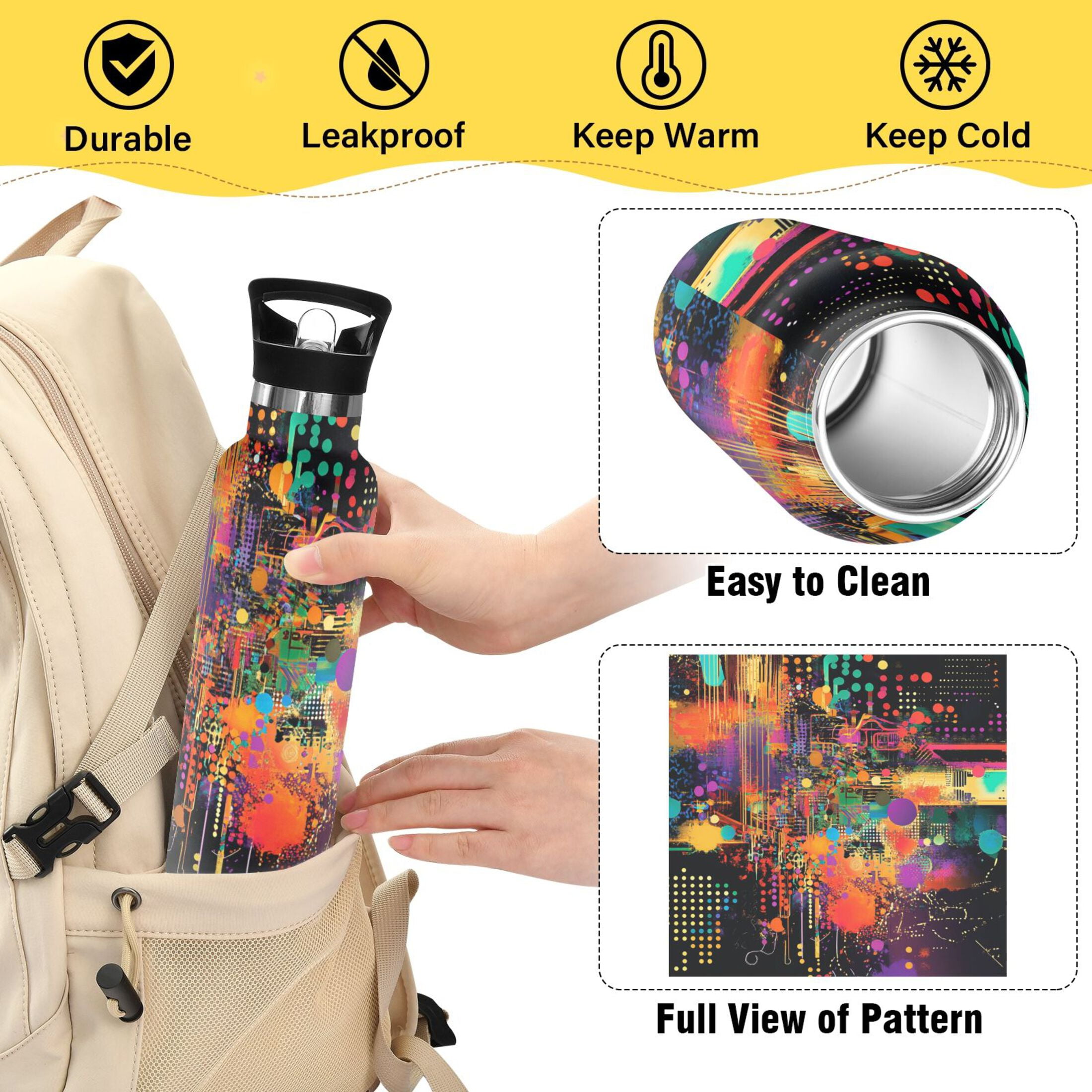 Kids Insulated Stainless Steel Sports Water Bottle 600ml (20oz) Data Streams Pattern