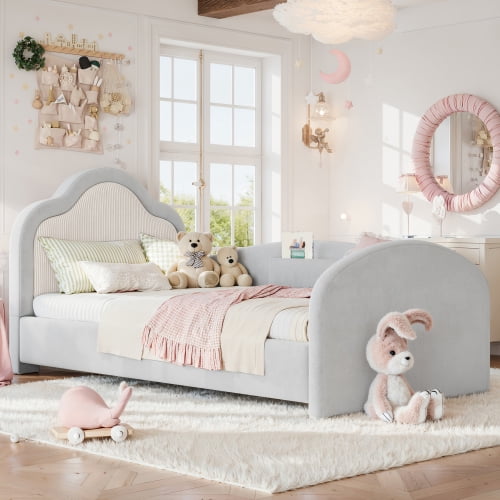 Twin Size Upholstered Kids Floor Bed with Curved Headboard, Safety Side Rails and Storage Pocket, Light Gray