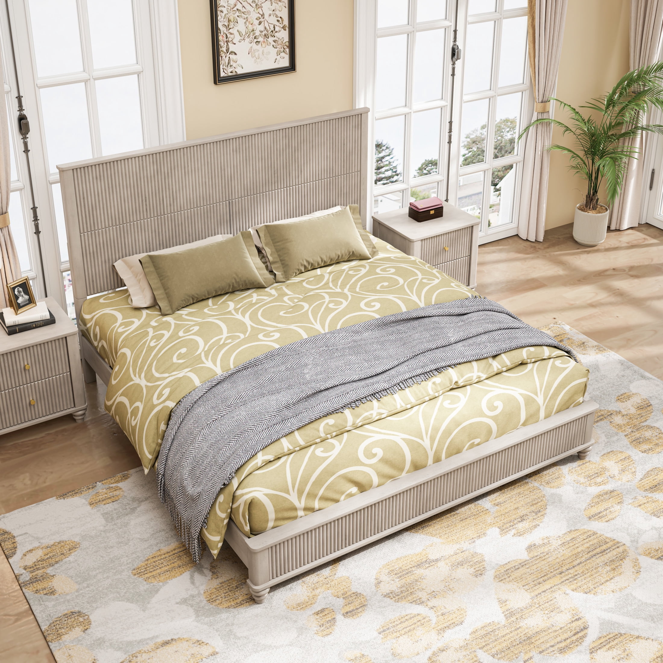 GDF Studio King Size Solid Wood Platform Bed with Tall Headboard, No Box Spring Needed, Beige