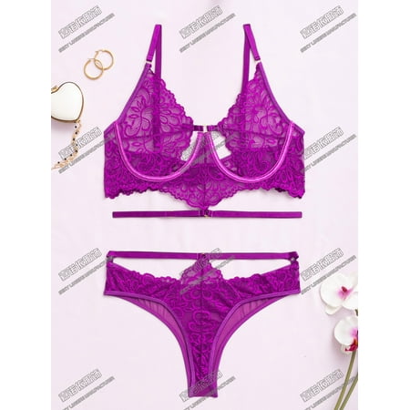 Generic Solid Color Lace See-through Hollow out Three-Point Sexy Lingerie Sexy Two-Piece Set