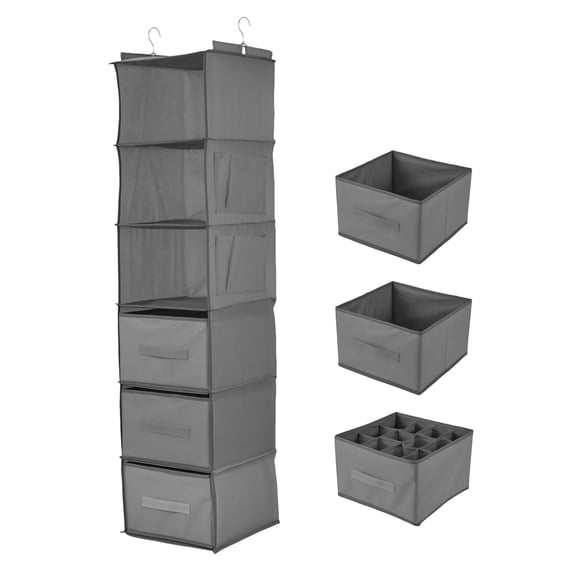 Hanging Closet Organizer with Removable Drawers, 6-Tier Gray Storage, 11.8" x 11.8" x 47.2"