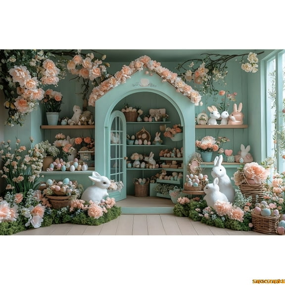 Happy Easter Photography Backdrop Spring Flower Grass Background Colorful Easter Eggs Rabbit Bunny Backdrop Photoshoot Banner