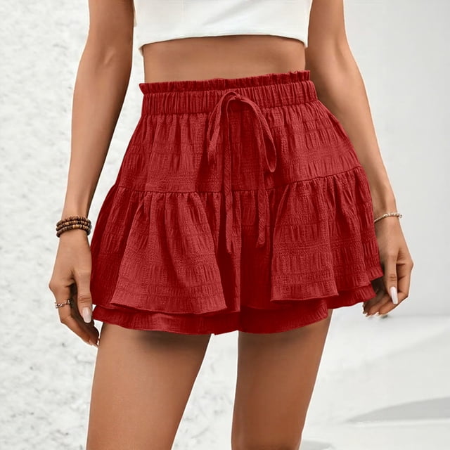 Ovticza Women's High Waist Ruffle Mini Skirt Built in Shorts A Line Flowy Boho Skirt with Pockets Red M