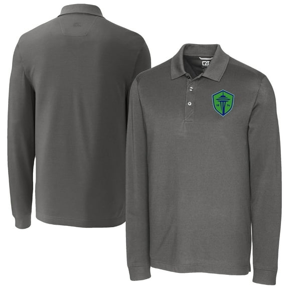 Men's-Cutter & Buck  Gray Seattle Sounders FC Big & Tall Advantage Eco Tri-Blend Pique Long Sleeve Polo
