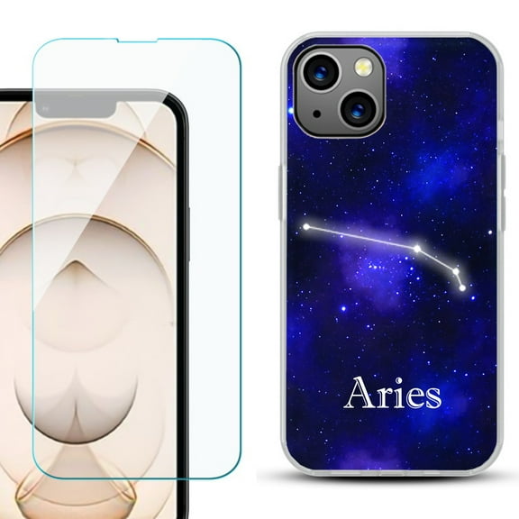 Slim-Fit Flexible TPU Gel Phone Case for iPhone 13, with Tempered Glass Screen Protector, by OneToughShield ® - Zodiac / Aries