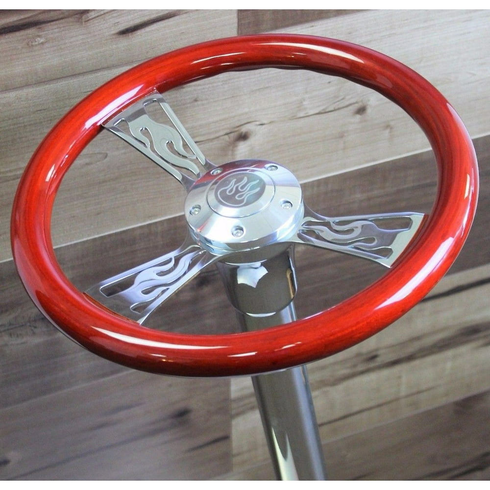 GOLF CART FLAME REAL WOOD STEERING WHEEL AND HUB W/COLUMN COVER