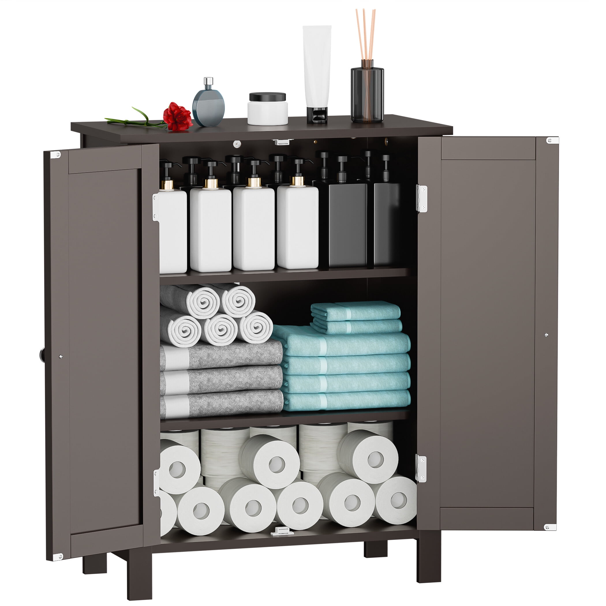 ZENSTYLE Wooden Bathroom Floor Cabinet Storage Cupboard 3 Shelves Save Space Brown