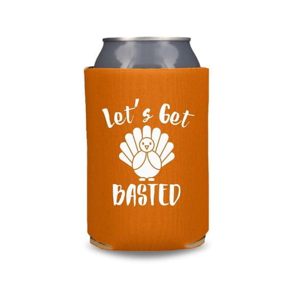 Thanksgiving Can Coolers, Let's Get Basted, Funny Friendsgiving Gag Gift Beer Coolies, Thanksgiving Party Favors (Burnt Orange)
