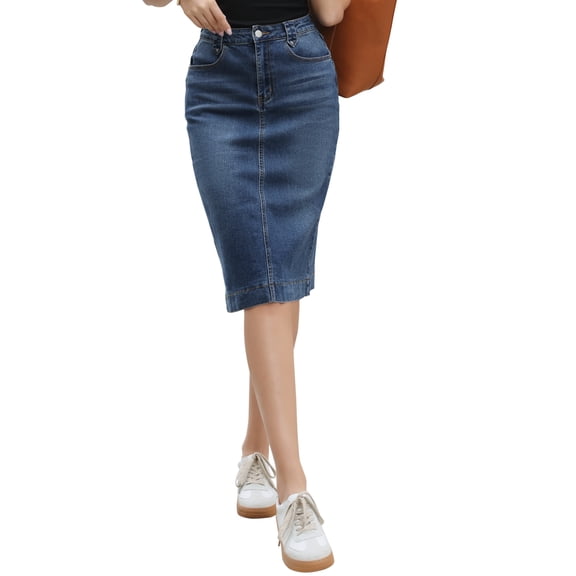 Denim Skirt for Women High Waist Split Back Pockets Knee Length Pencil Skirt XS Dark Blue