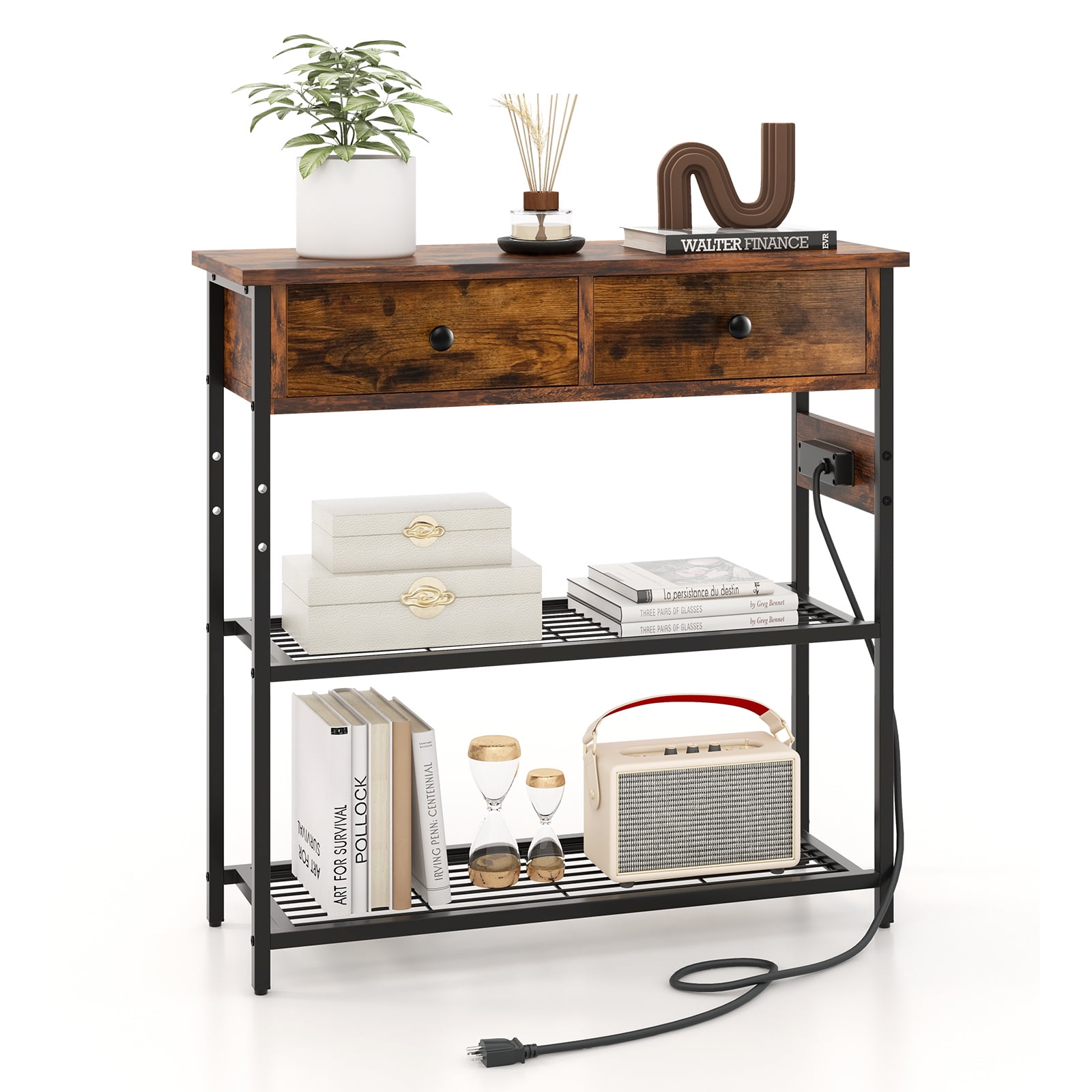 Giantex Console Table w/Outlets , Entryway Table w/USB Ports, Narrow Sofa Table, Entry Hallway Table, Brown