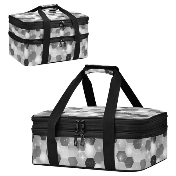 Large Double Decker Insulated Casserole Carrier Expandable 2-Layer Thermal Food Tote Bag Futuristic Sparkle Hex Tile Hot Cold Pizza Lasagna Holder for Potluck Picnic Party Camping