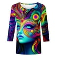 thumbnail image 4 of successthop Mardi Gras Womens Plus Size Tops 3/4 Sleeve Loose with Crew Neck Polyester Casual Mask Printed Mardi Gras Celebrations Blouse Tops for Mardi Gras Event Purple S, 4 of 5