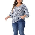 thumbnail image 4 of Agnes Orinda Women's Plus Size Floral Print V Neck Tiered Ruffle Bell Sleeve Blouse 3X White Blue, 4 of 6