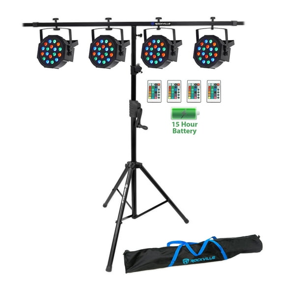 (4) Rockville BATTERY PAR 50 Rechargeable LED DMX DJ Wash Lights Crank Stand