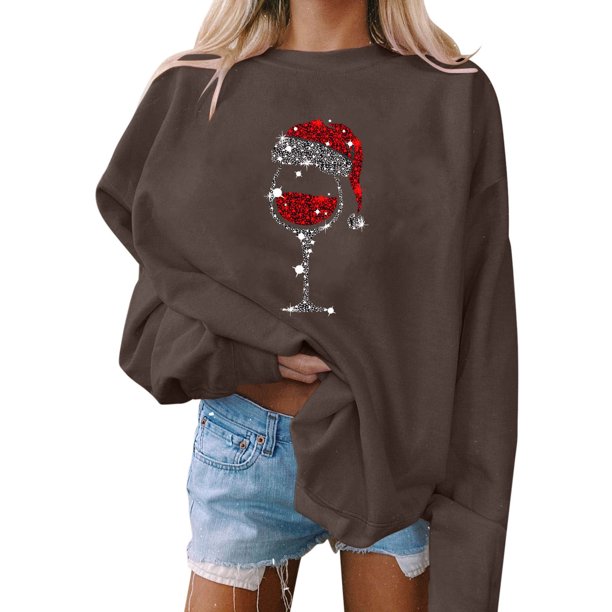 Gibobby Sudadera Navidad mujer Sudadera para mujer Moda Navidad Estampado O Cuello Casual Sudadera suelta Ajuste Tops Manga larga Camisas de entrenamiento(Café,CH)