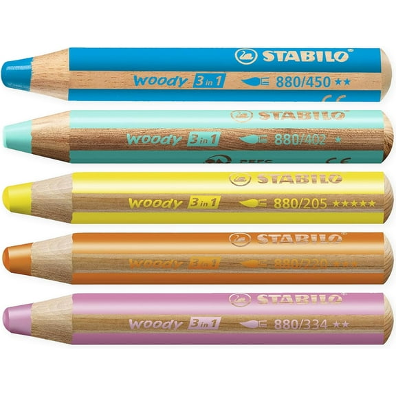 STABILO Multi-talented Pencil woody 3-in-1 - Pastel Box of 5 - Pink, Orange, Yellow, Cyan Blue   Sharpener