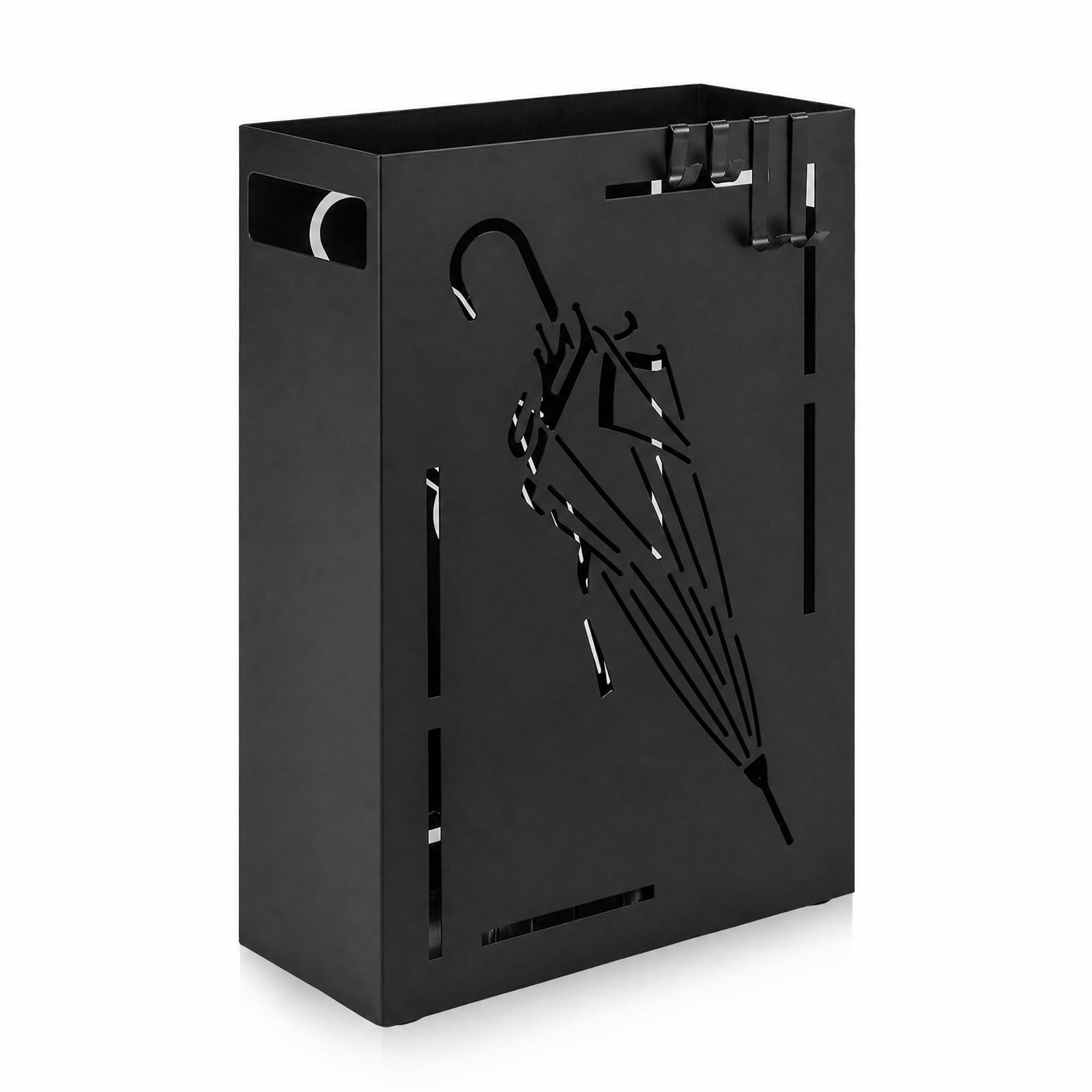 Furnibear Rectangular Umbrella Holder Rack with Removable Drip Tray and 4 Hooks for Entryway Hallway and Home Office Organization, Black