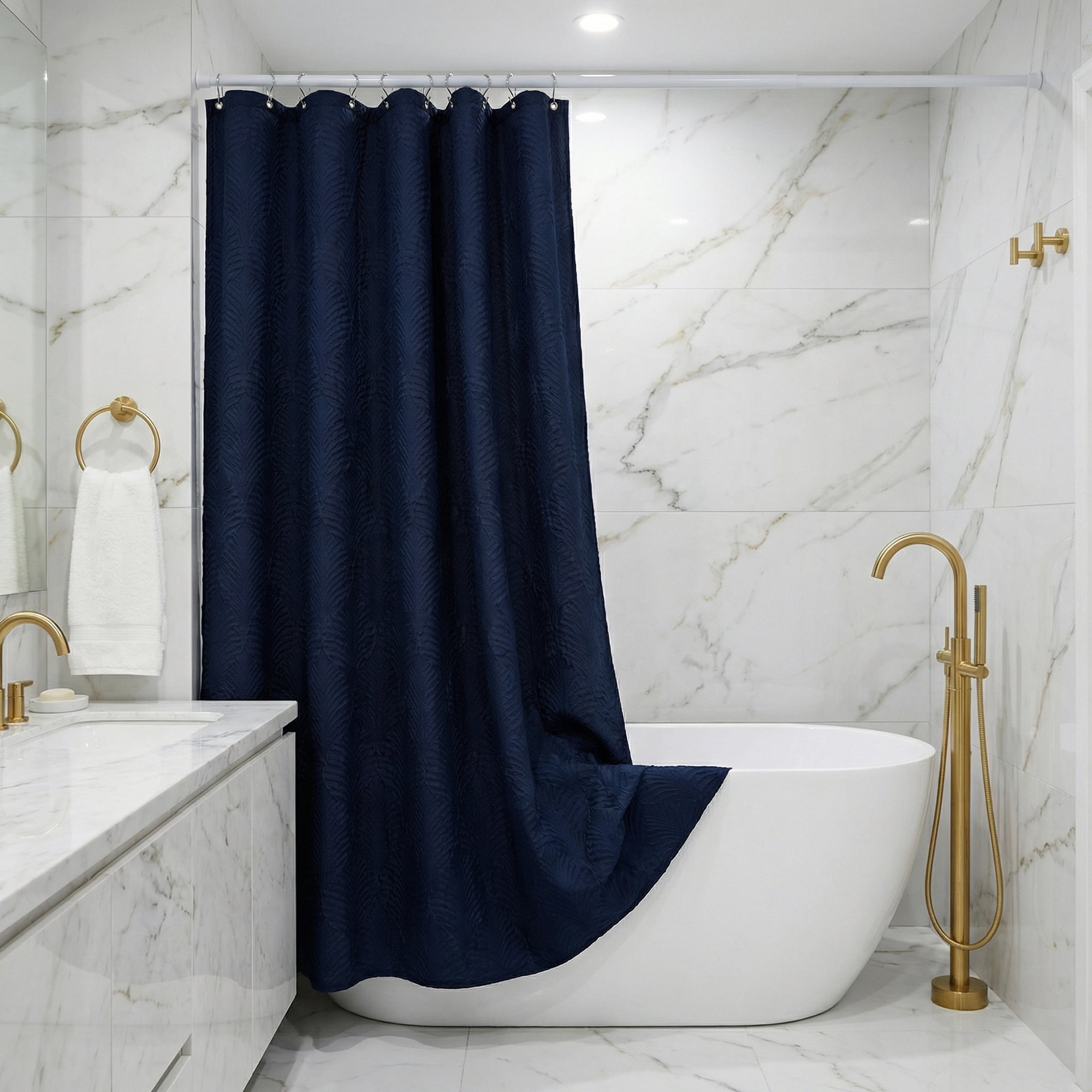 Unique Bargains Waterproof Fabric Shower Curtain Sets Dark Blue - Leaves 71"W x 71"L