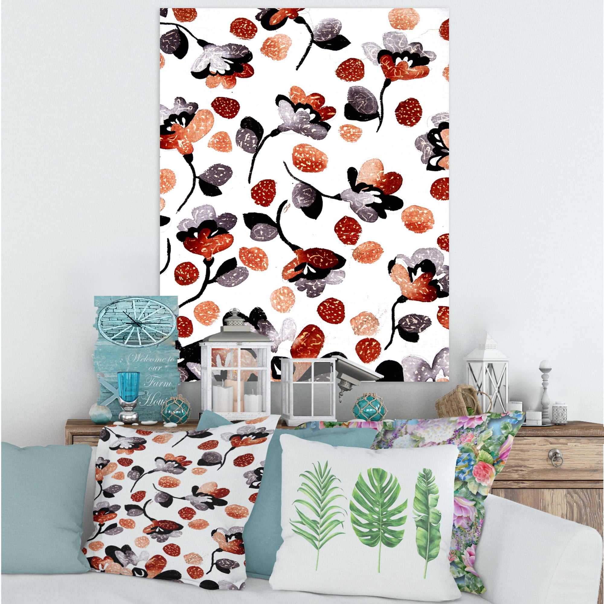 Modern Flower In Red Blue and Orange 12 in x 8 in Painting Canvas Art Print, by Designart