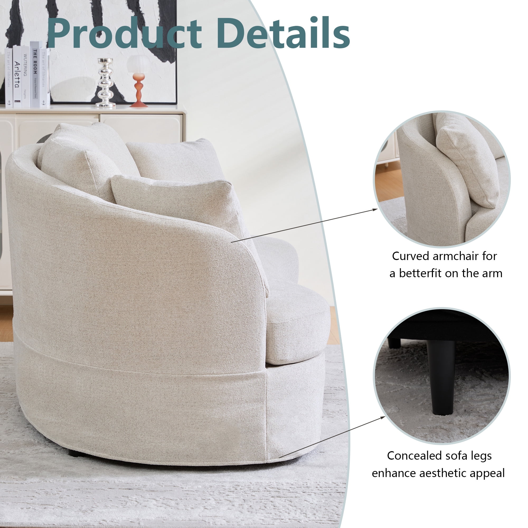 Arouseden 74" Curved Couch for Small Space,Upholstered Beige Loveseat Sofa with 3 Removable Cushions,Small Apartment Couch with Curved Backrest,Chenille Modern Curved Sofa for Living Room