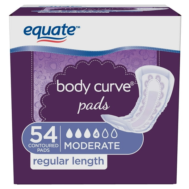 Equate Body Curve Incontinence Pads for Women, Moderate, Regular, 54