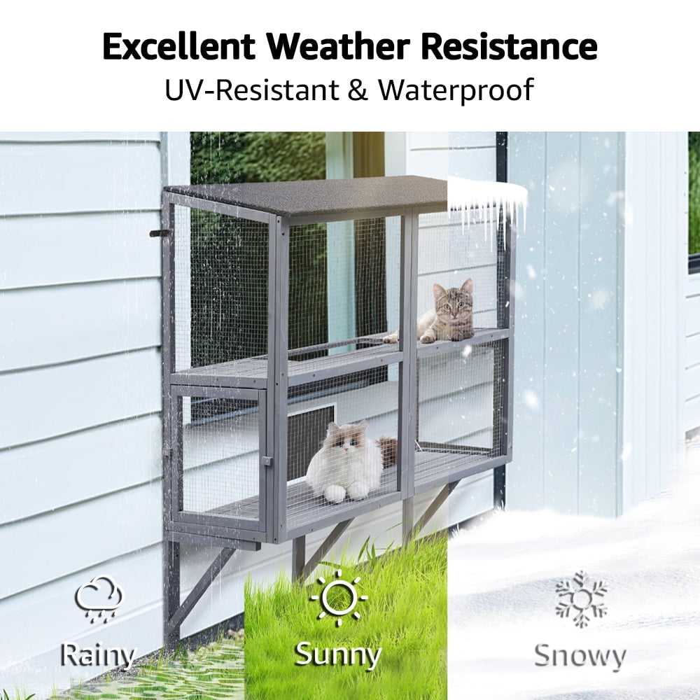 Unipaws 2-Tier Grey Window Box Catio, Wooden Outdoor Enclosure for Indoor Cats, Expandable Weatherproof Perch House