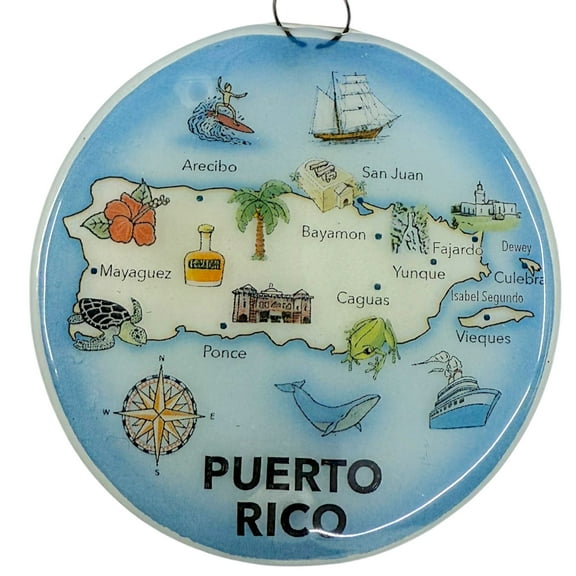 Puerto Rico Christmas Tree Ornament - Art Glass Light Catcher Holiday Map Hanging Decoration