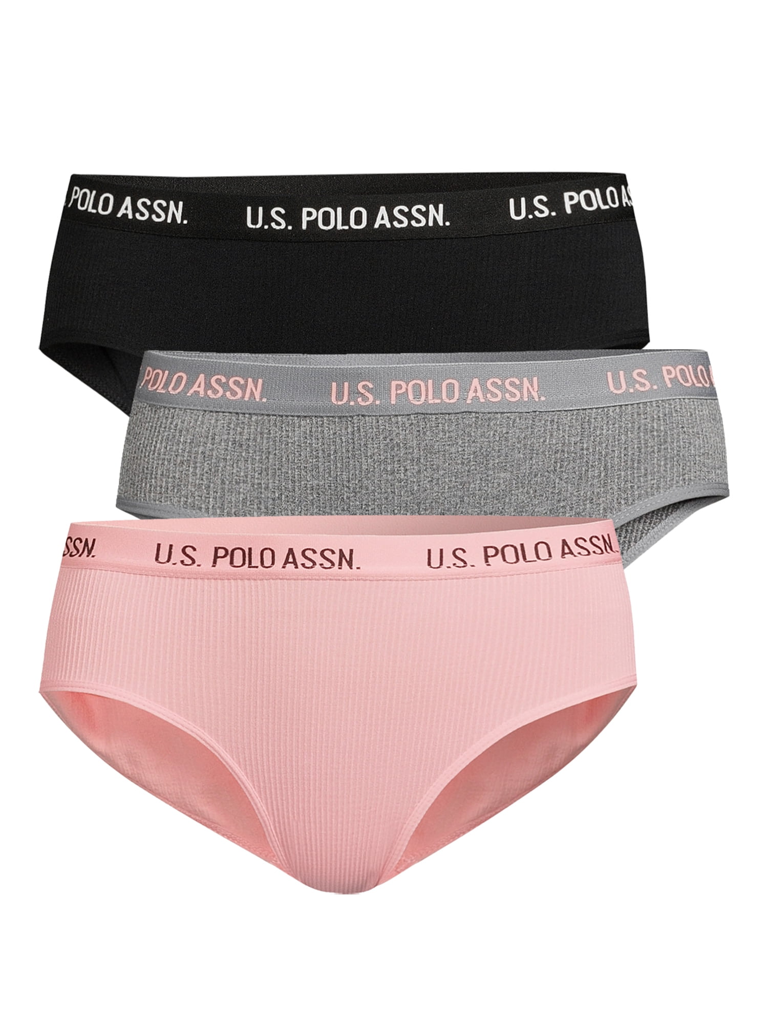 U.S Polo Assn Womens 3 Pack Seamless Wide Elastic Waist Thong Panties Charcoal Heather/Pink/Black Large