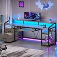 thumbnail image 3 of Gaming Desk with LED Lights & Power Outlet, 63" Computer Desk, Office Desk with Lockable Drawers for Legal/Letter File, Home Office Desks with Storage, Grey, 3 of 8