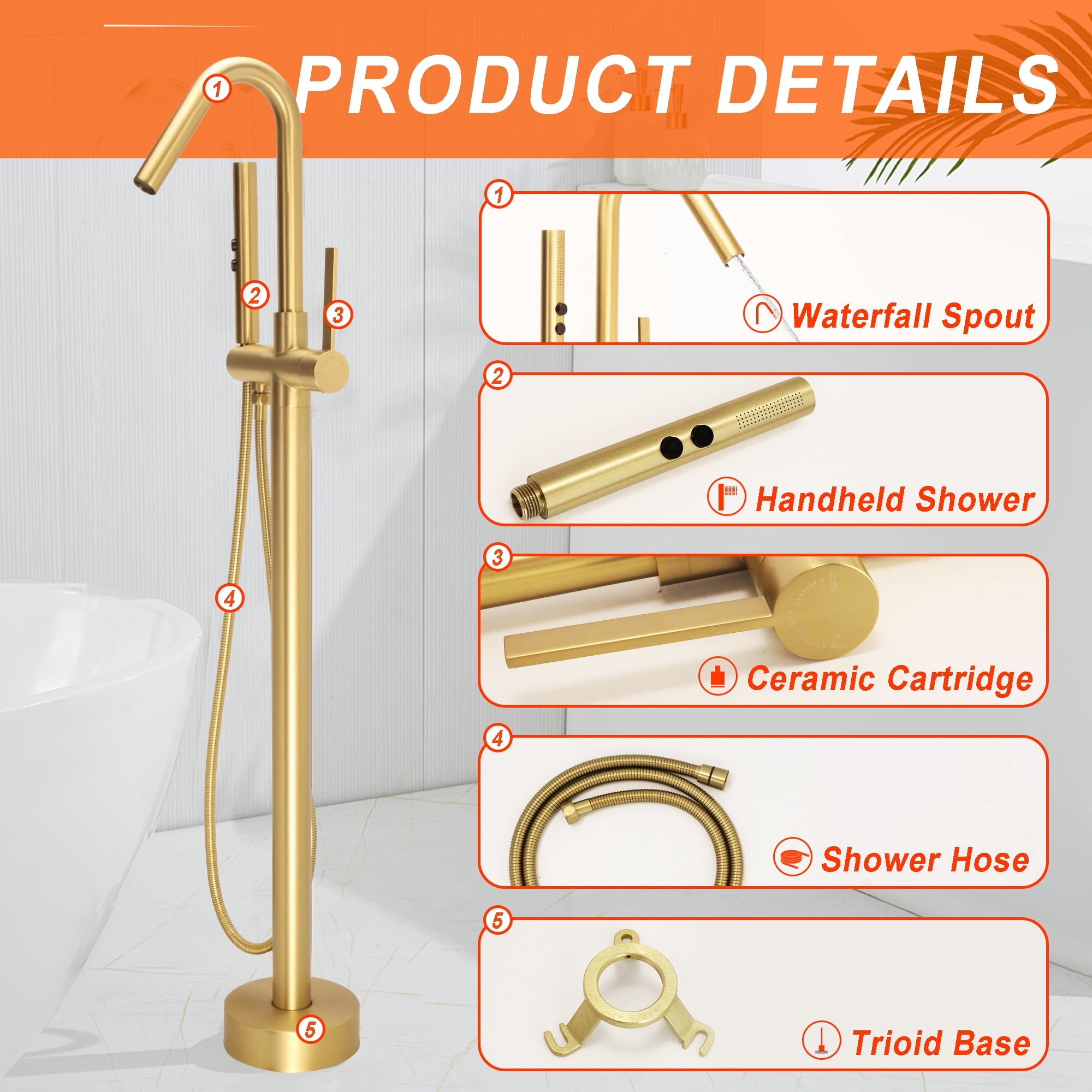 SUNRINX Brushed Brass Freestanding Tub Faucets, Single Handle Free Freestanding Tub Faucet With Brass Two-Function Handshower, Max 6 GPM Floor Mount Bathtub Faucet With 360° Rotating Spout Tub Filler
