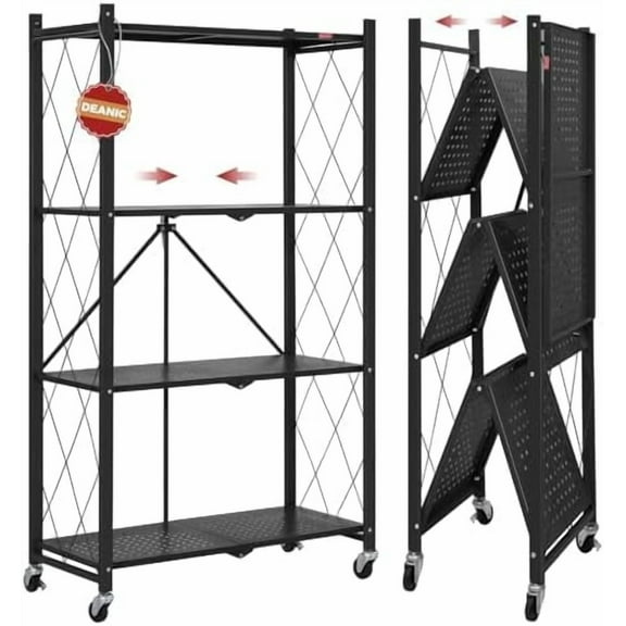 4 Tier Foldable Storage Shelves with Wheels, Large Capacity Shelving Unit, Freestanding Metal Wire Shelf Rack, No Assembly Organizer Rack for Garage Kitchen, Basement, Pantry(Black)
