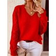 thumbnail image 5 of Women V Neck Knit Hollow Openwork Lantern Long Sleeve Ribbed Cuff Loose Fit Knit Pullover Sweater Red S, 5 of 8