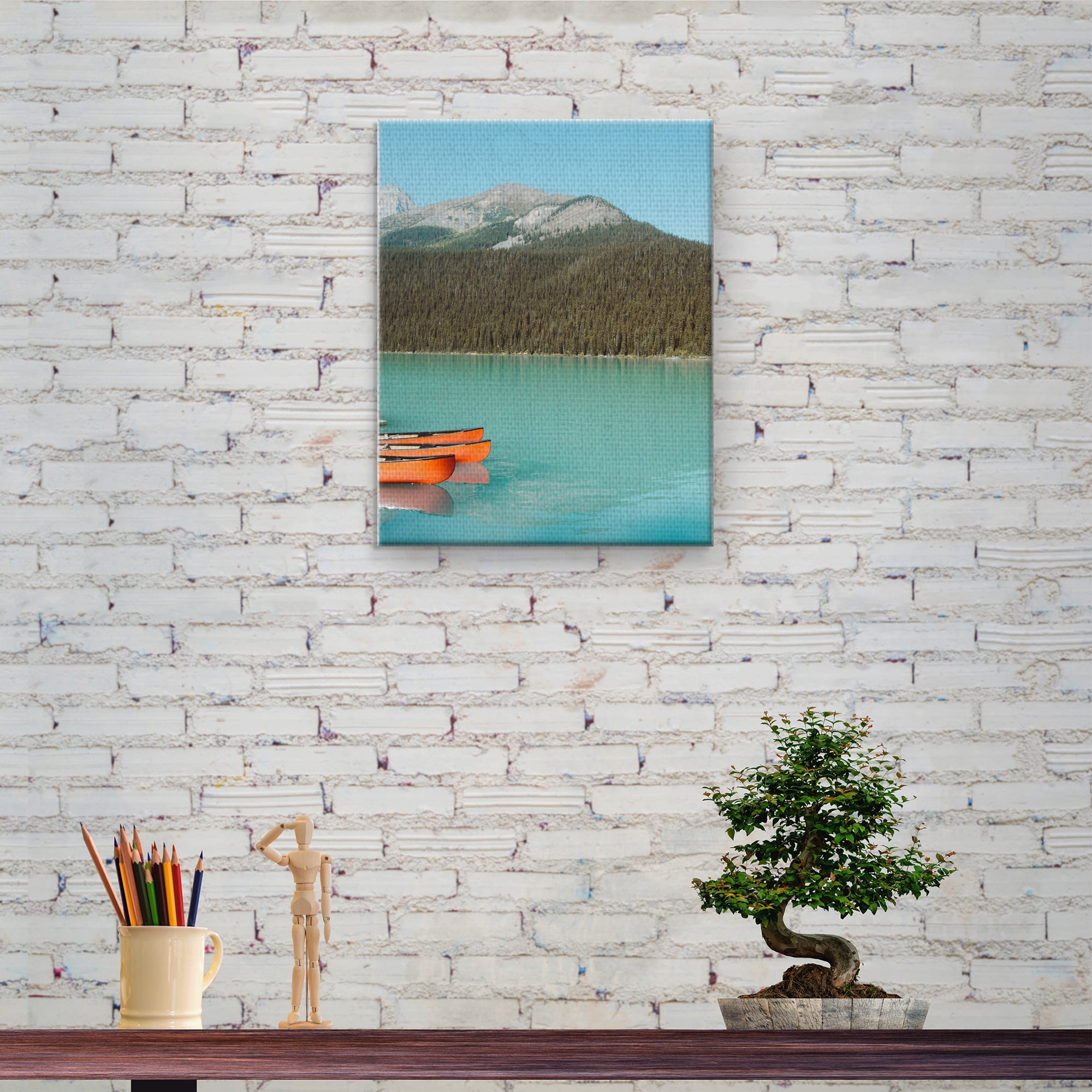 Masterpiece Art Gallery Three Canoes Lakeside Mountain by Michael Heuser Canvas Art Print 22" x 28"