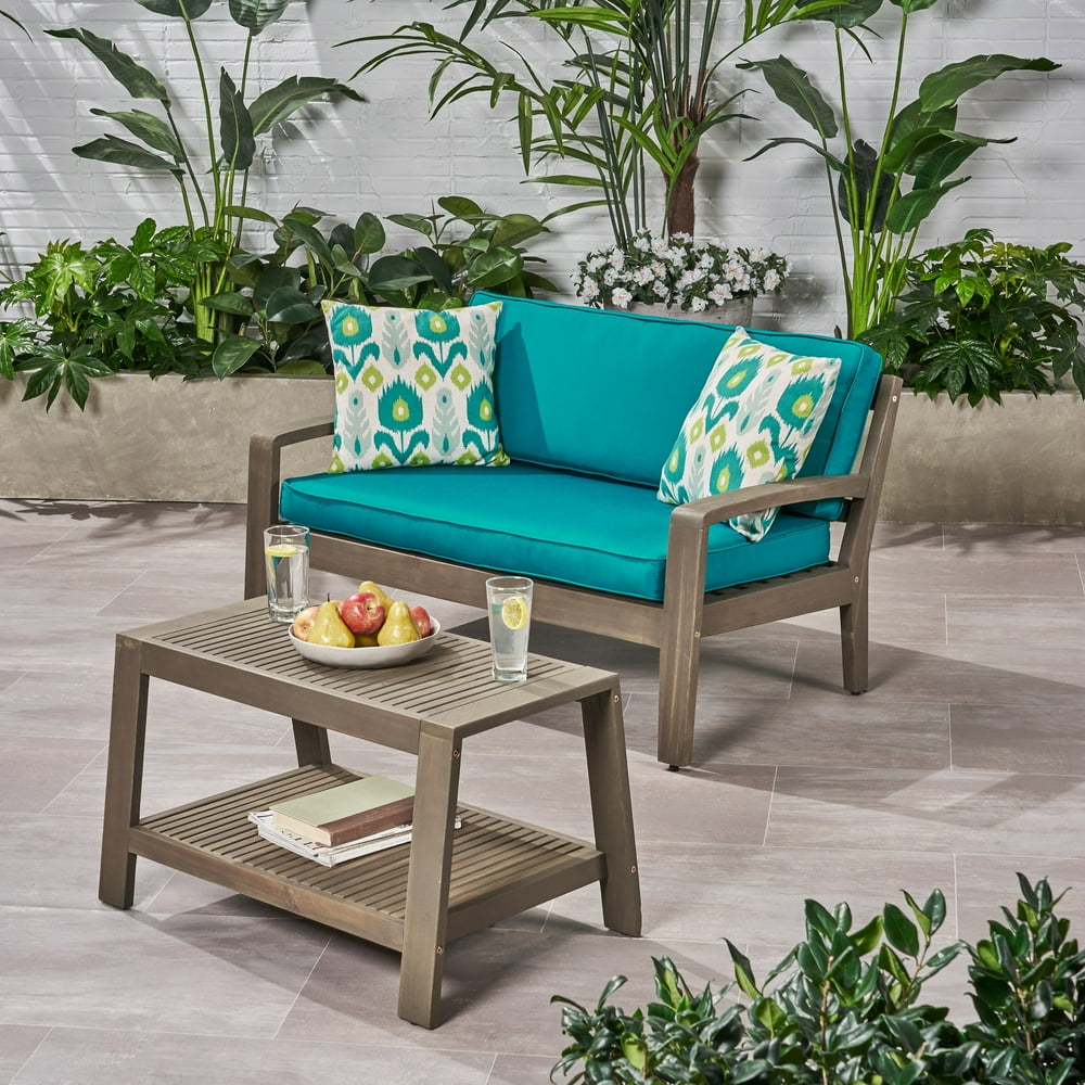Wilcox Outdoor Acacia Wood Loveseat and Coffee Table Set with Cushions, Gray, Sunbrella Canvas