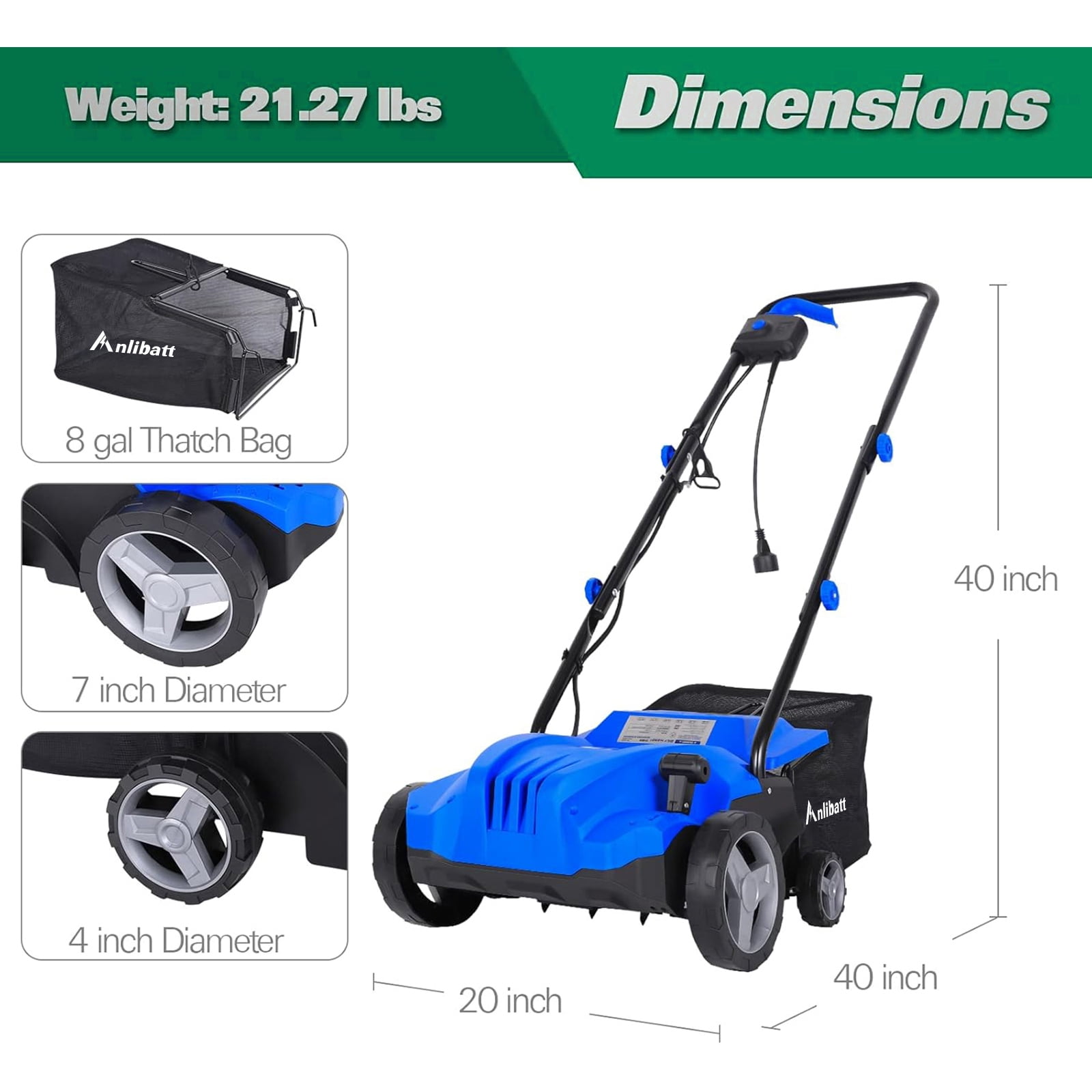 ANLIBATT 13" Dethatcher Corded Electric Scarifier 12 Amp 2 in 1 Walk Behind 8 Gallon Thatch Bag 4 Position Adjustment Removable for Grass Lawn Yard