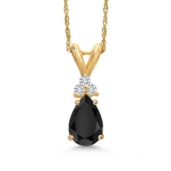 Gem Stone King 14K Yellow Gold Black Onyx and White Diamond Pendant Necklace for Women | 0.93 Cttw | Gemstone December Birthstone | Pear Shape 8X5MM | With 18 inch Chain