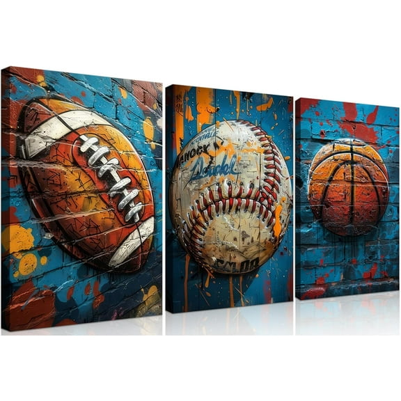 Graffiti Sport Canvas Wall Art Trendy Cool Pop Wall Decor Colorful American Football Baseball Basketball Posters Pictures Inspirational Painting Inspirational Boy Room Prints(Framed canvas)