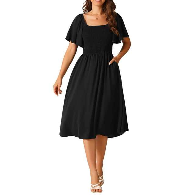 Vestido midi casual de mujer con volantes y mangas cortas, con bolsillos, escote cuadrado, cintura elástica fruncida, color negro, talla L