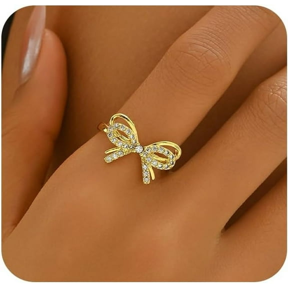 18K Gold Plated Stackable Bow Rings for Women Dainty Adjustable Open Cubic Zirconia Friendship Bow Knot Rings