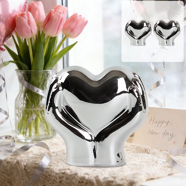 Juego de 2 adornos para San Valentín | Figuras de cerámica con forma de corazón | Acabado metálico dorado y plateado | Decoración romántica para escritorio, mueble de TV o estantería, ideal para