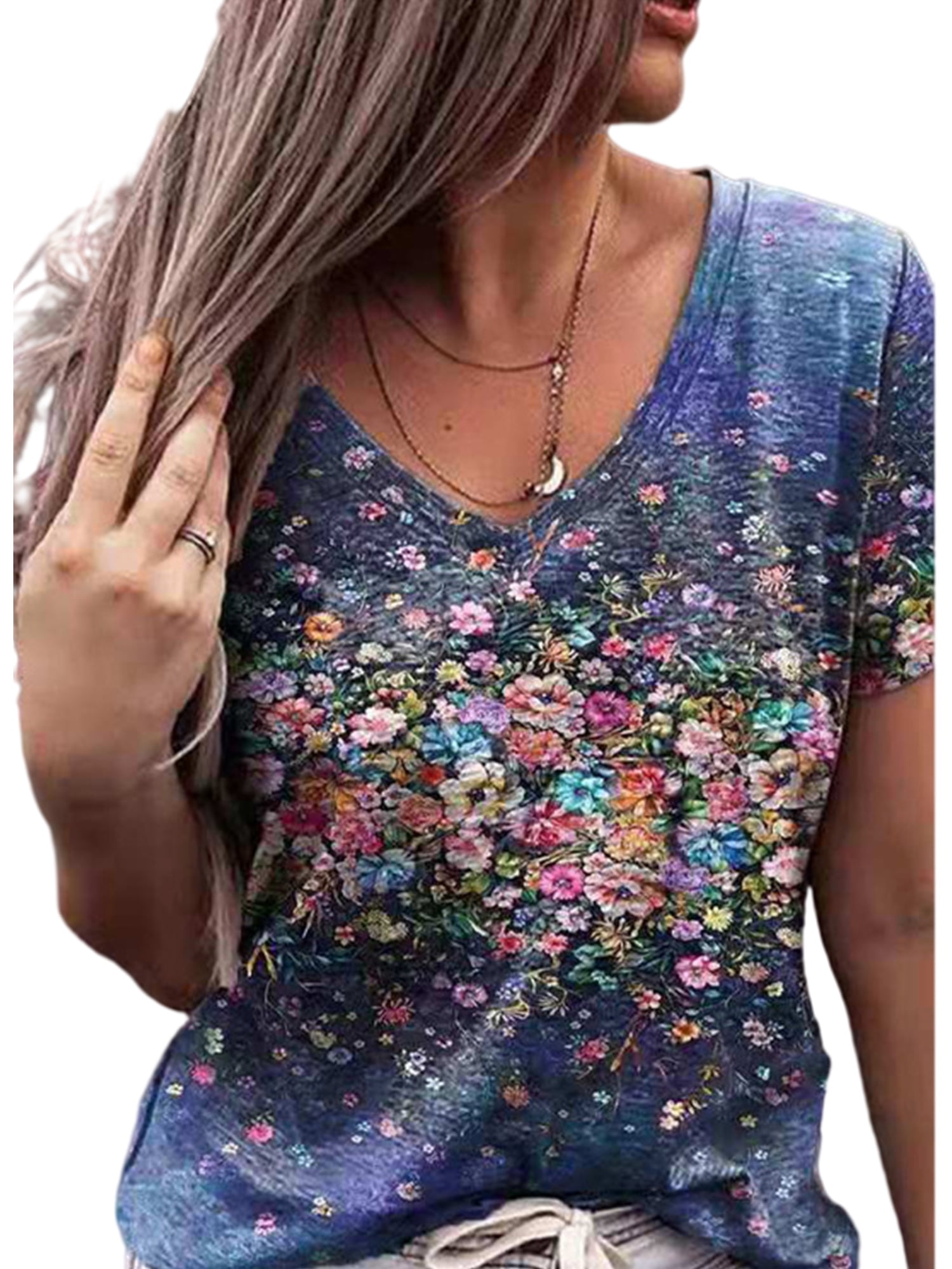 Women Loose Short Sleeve Stars Print TShirts Summer VNeck Floral