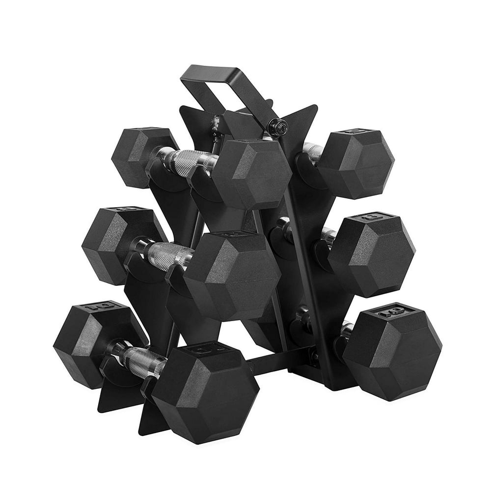 WF Athletic Supply 46lb Rubber Coated Dumbbell Set with Storage Rack