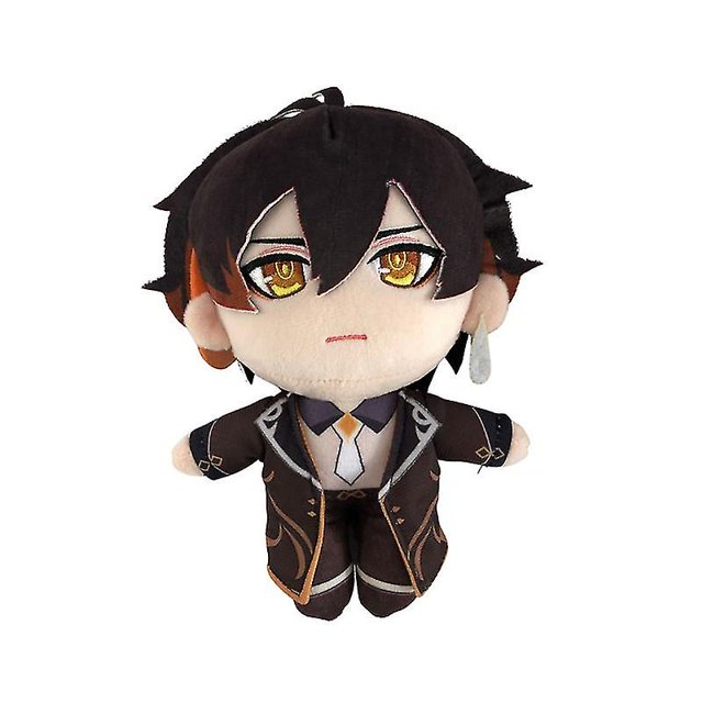 muñeco de peluche de anime genshin impact, morax zhong li xiao hu tao ayato, juego de almohada de peluche suave, regalo para niños de 20cm y 20cm peluche de 20 cm con traje oscuro y corbata, detalles impresos en el abrigo, felpa suave y pequeño lazo superior para colgar sobre fondo blanco.